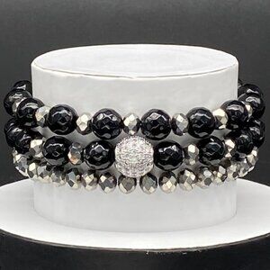 Genuine Black Jade & Sterling Silver Rhinestone Stack Bracelet